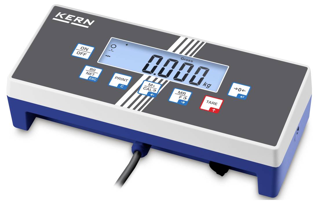 Digitale Waage mit blauem Display und mehreren Funktionstasten. Anzeige zeigt '0,000 kg' an. Tasten zum Drucken, Tarieren und Kalibrieren.