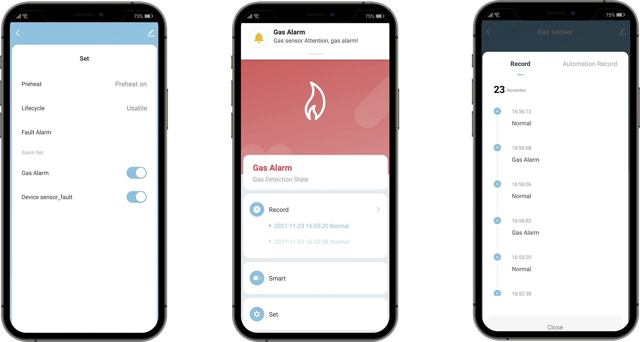 Drei Smartphone-Bildschirme zeigen eine App zur Überwachung eines Gassensors. Funktionen umfassen Alarmbenachrichtigungen und Aufzeichnungsprotokolle von Ereignissen.
