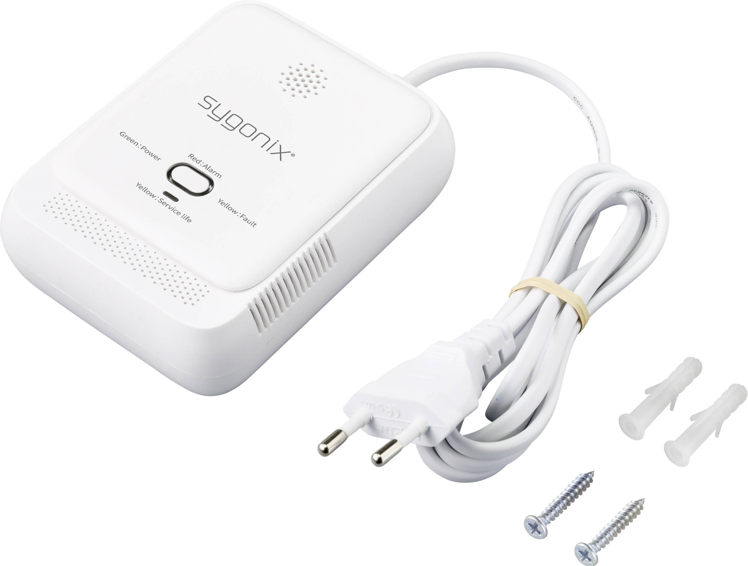 Weißer Gasmelder mit Netzkabel und zwei Schrauben zur Wandmontage.