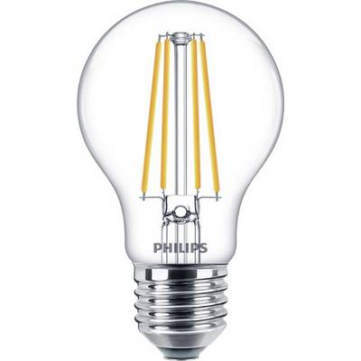 Eine klare Glühlampe mit sichtbaren LED-Filamenten, Markenname 'Philips' auf der Fassung.