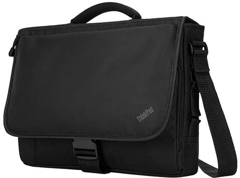 Eine schwarze Laptop-Umhängetasche mit verstellbarem Schultergurt und Griff. Sie ist schlicht gestaltet und für Business-Umgebungen geeignet.
