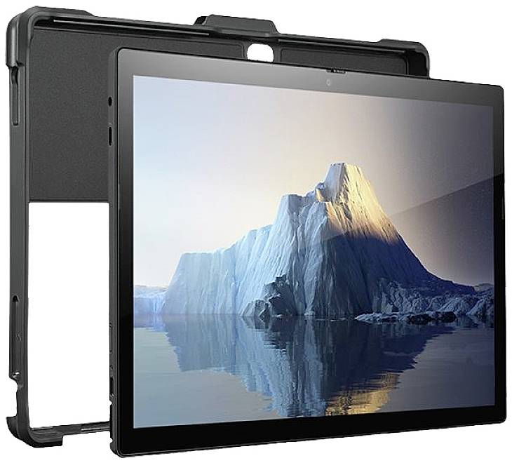 Ein Tablet in einer Schutzhülle zeigt ein Bild eines verschneiten Berges, der sich im stillen Wasser spiegelt.