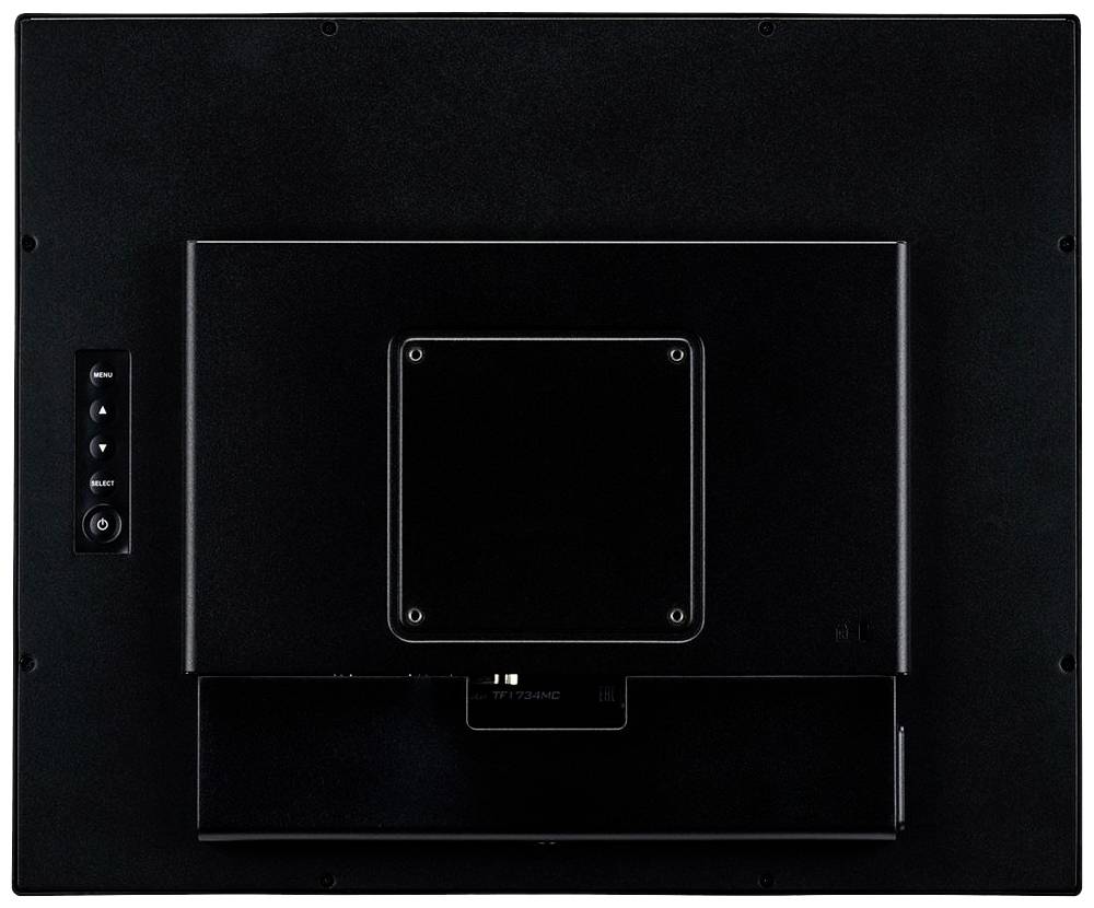 Rückseite eines schwarzen Monitors mit sichtbaren Anschlüssen und Befestigungspunkten in der Mitte.