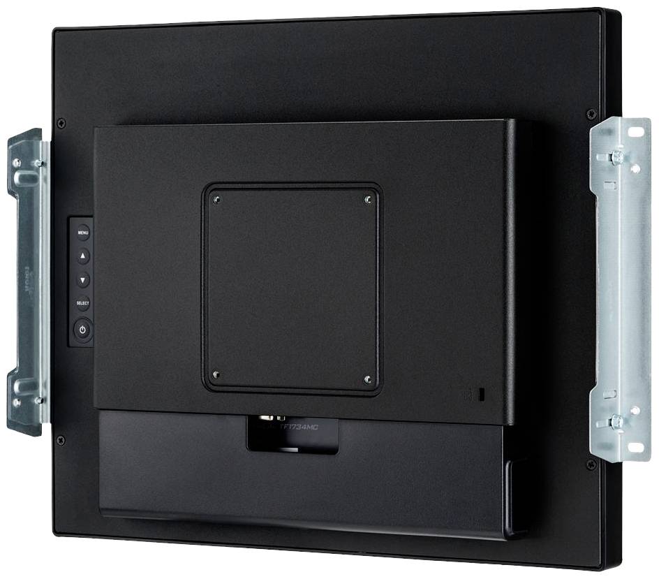 Ein schwarzer Bildschirmmonitor von hinten mit seitlichen Halterungen, Ein/Aus-Tasten und Anschlüssen sichtbar.