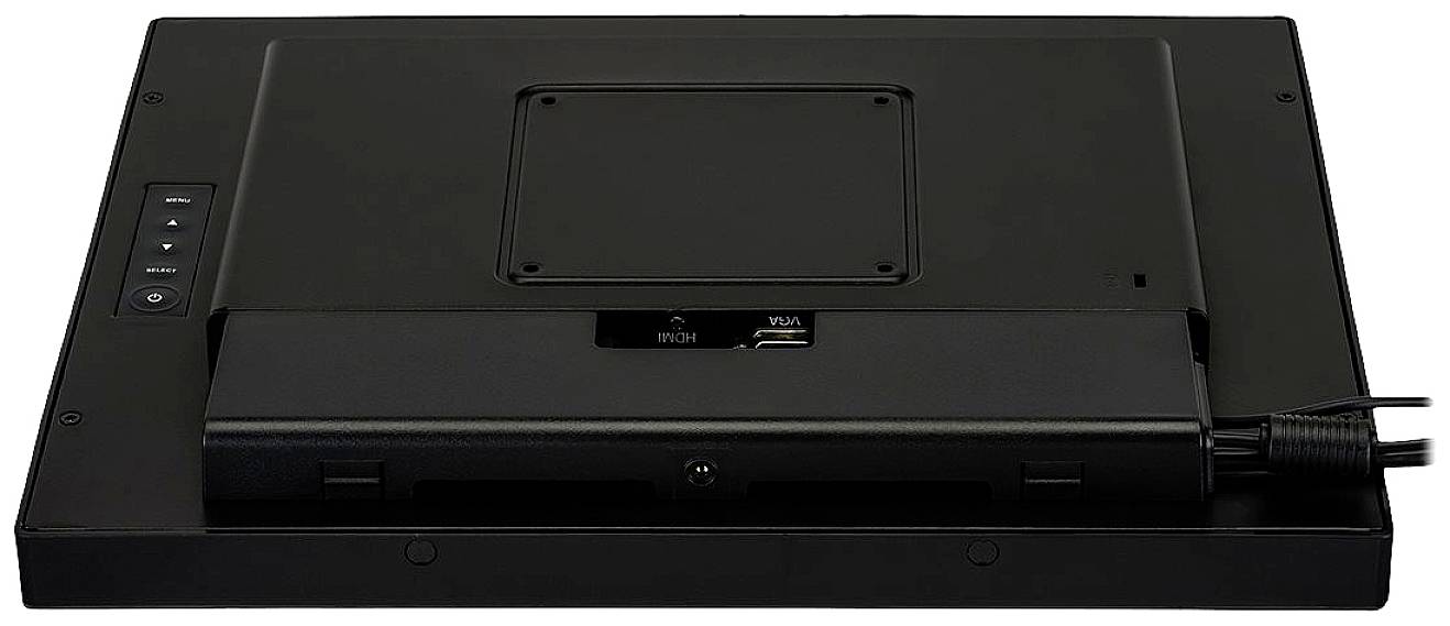 Rückseite eines schwarzen Computerbildschirms mit Stromkabel, mehreren Anschlüssen und Tasten zur Bedienung.