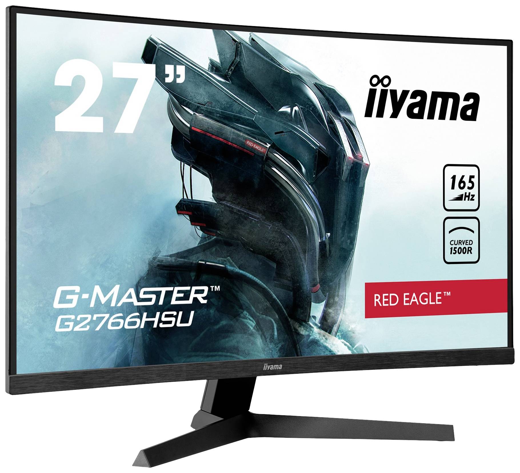 '27-Zoll-Monitor iiyama G-Master G2766HSU Red Eagle, 165 Hz, 1500R gekrümmtes Display, Bild eines futuristischen Helms.'