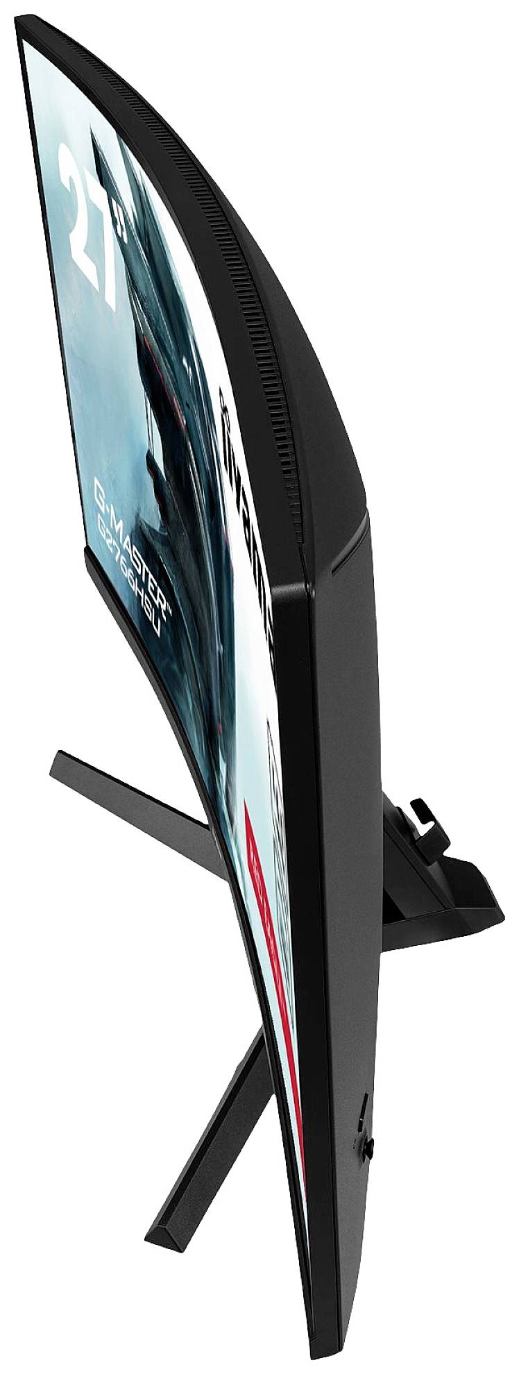 Seitenansicht eines gekrümmten Gaming-Monitors, der auf einem Ständer steht. Der Bildschirm zeigt ein dynamisches Bild mit schneller Bewegung.