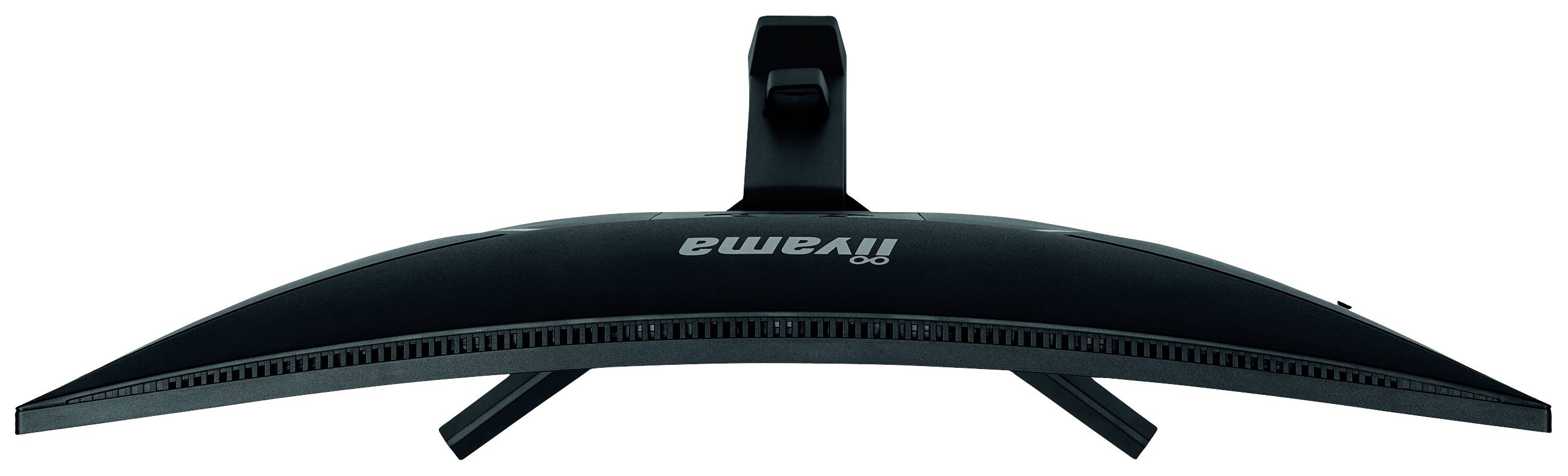 Ein gebogener, schwarzer iiyama-Monitor von oben betrachtet, zeigt das schlanke, geschwungene Design mit einem stabilen Standfuß.