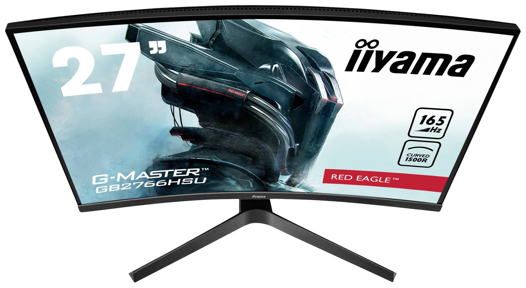 Ein 27-Zoll-Monitor von iiyama, Modell G-Master mit 165 Hz Bildwiederholrate und 'RED EAGLE' Serie, gezeigt aus einem seitlichen Blickwinkel.