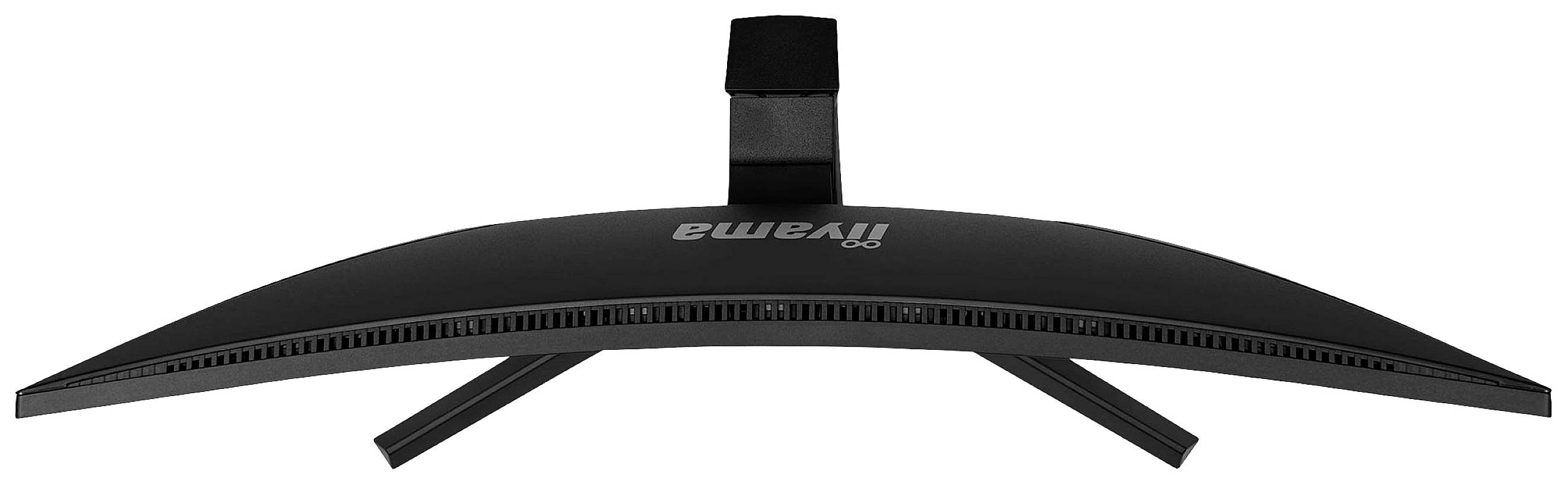 Gebogener Bildschirm von oben gesehen, markiert mit 'iiyama', zeigt dünne Lüftungsschlitze und einen zentralen Standfuß.