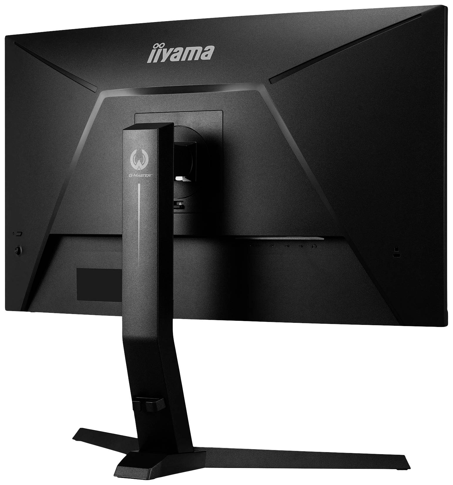 Ein schwarzer Computermonitor von hinten betrachtet, mit einem stabilen Standfuß und dem Markennamen 'Iiyama' oben sichtbar.