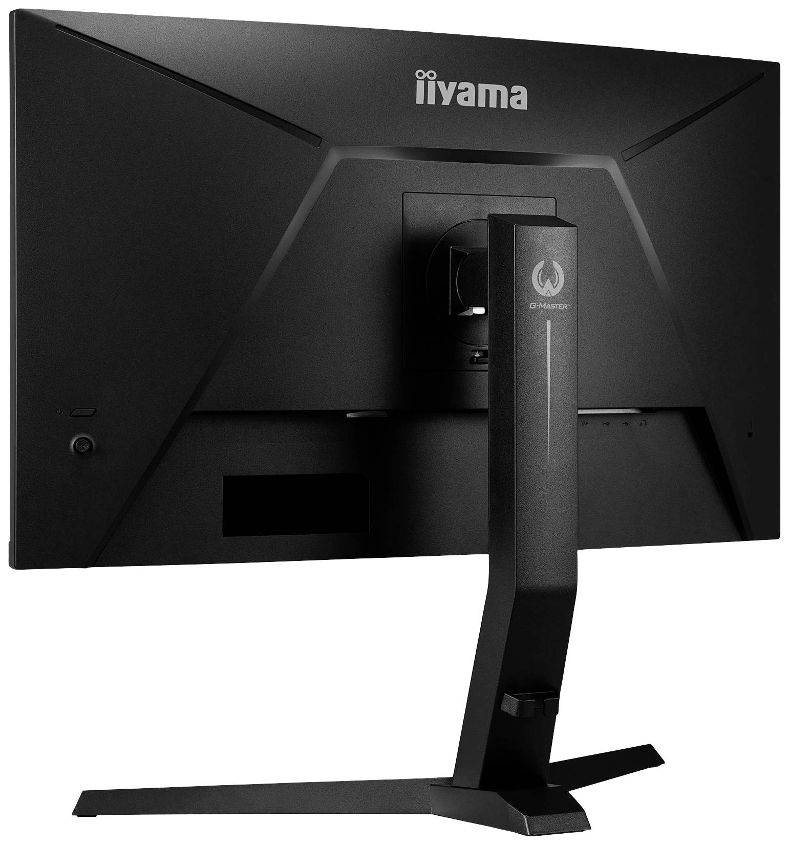 Ein Monitor von iiyama, Rückansicht mit robustem Standfuß und stilvollem Design, geeignet für Büro- oder Heimarbeitsplätze.