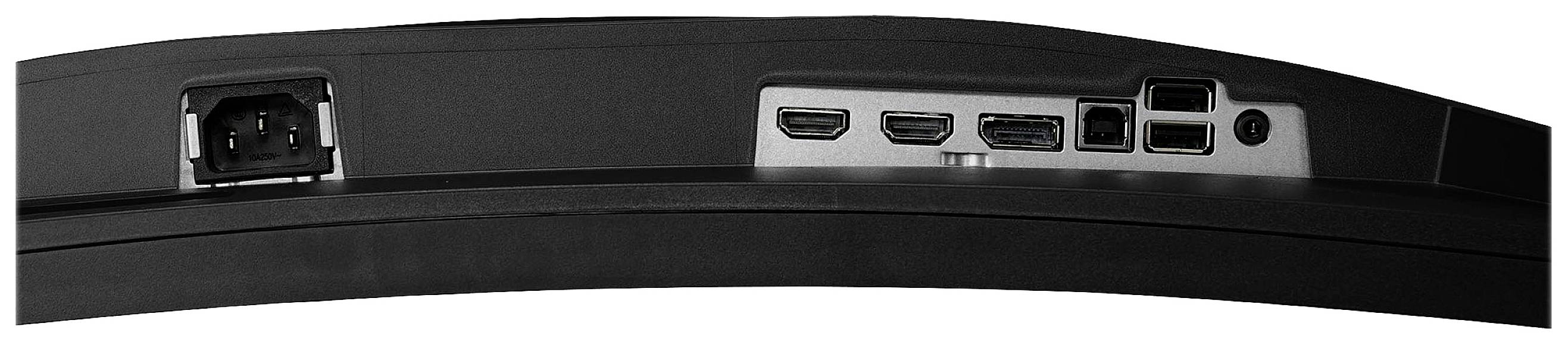 Ein gebogenes Display mit Anschlüssen: HDMI, DisplayPort, USB und Stromanschluss.