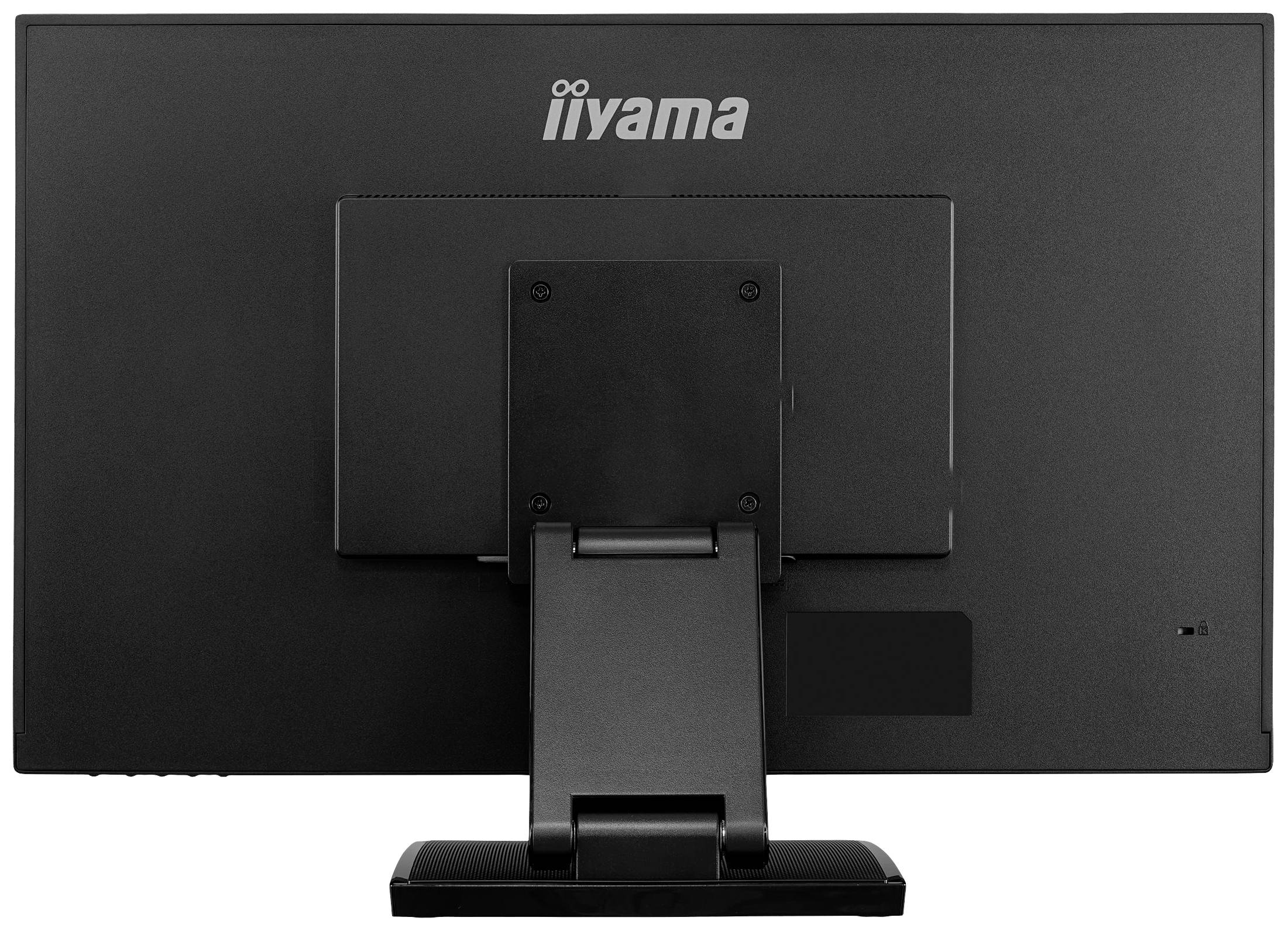 'Rückseite eines Computerbildschirms mit dem Logo "iiyama" oben auf dem Gerät. Der Monitor hat eine stabile Standhalterung.'
