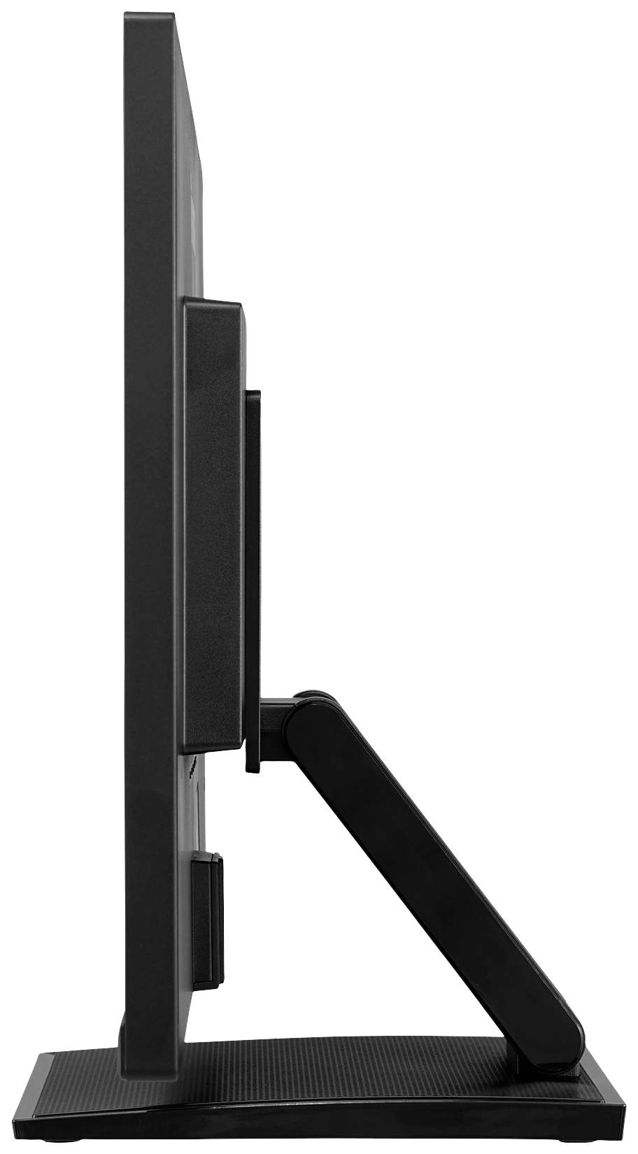 Seitenansicht eines modernen schwarzen Computermonitors mit verstellbarem Standfuß auf einem Tisch.