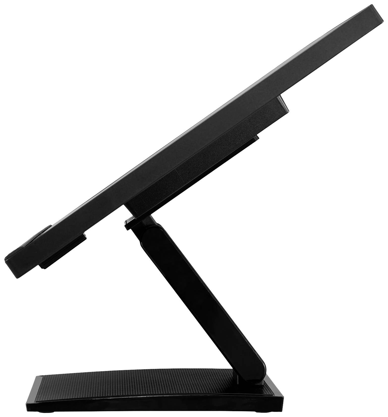 Ein schwarzer, neigbarer Monitor auf einem verstellbaren, stabilen Standfuß, gezeigt von der Seite in einem angewinkelten Zustand.