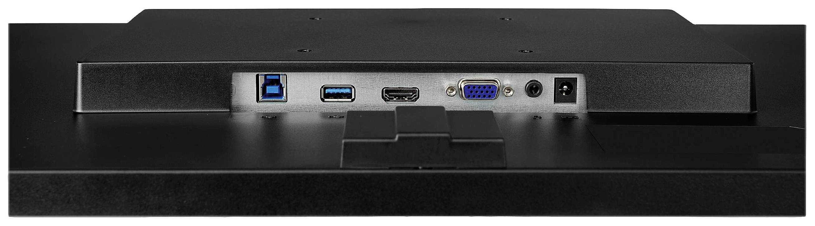 Rückseite eines Monitors mit mehreren Anschlüssen: USB, HDMI, VGA, Audio und Stromanschluss.
