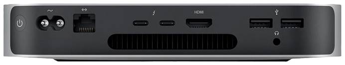 Rückseite des Apple Mac mini mit Anschlüssen für HDMI, USB-C, USB-A, Ethernet und Strom.