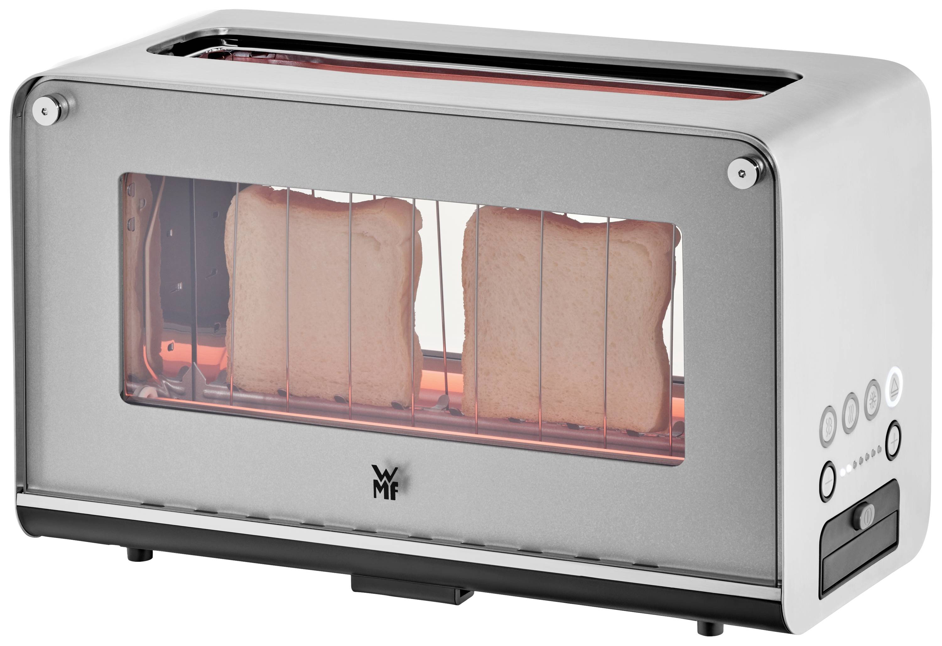 Toaster im Edelstahl-Design. Zwei Scheiben Brot werden gleichmäßig geröstet. LED-Leuchtanzeigen und Bedientasten an der Seite.