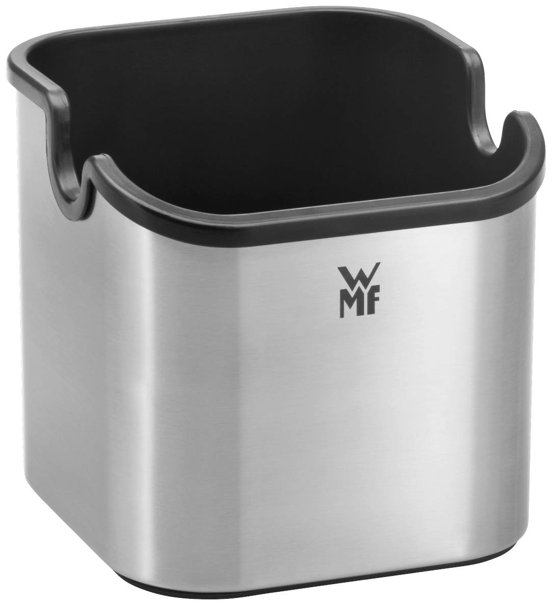 Edelstahl-Abtropfbehälter mit schwarzem Innenraum und WMF-Logo, geeignet für Küchenbesteck oder Utensilien.