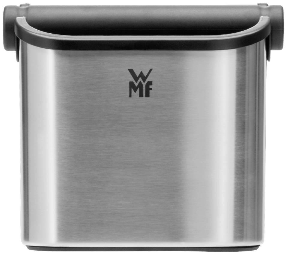 Edelstahl-Behälter mit schwarzem Griff, versehen mit dem Logo 'WMF'. Ideal zur Verwendung als Kaffeesatzbehälter.