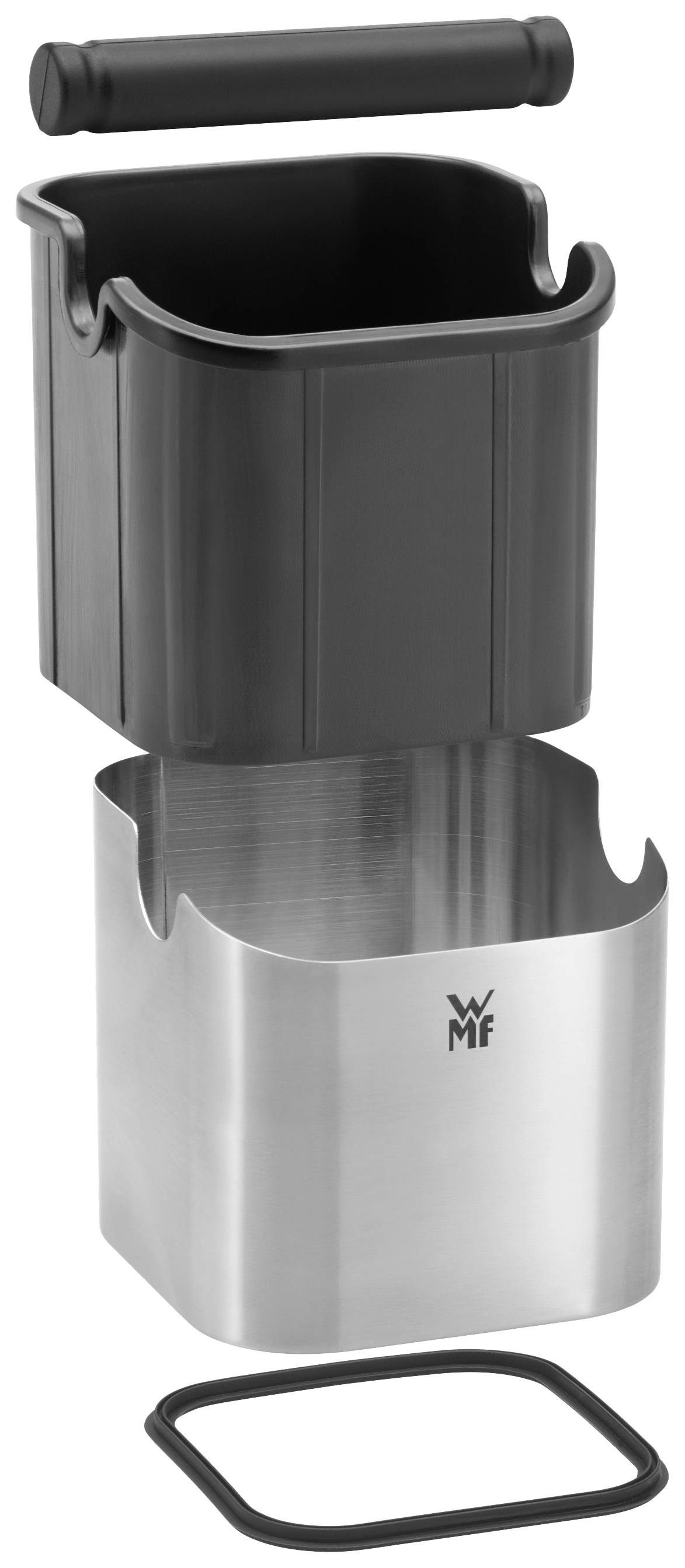 Ein zerlegbarer Kaffeepadsammler aus Edelstahl und Kunststoff von WMF. Bestehend aus einem silbernen Behälter, schwarzem Einsatz und Schlagstange.