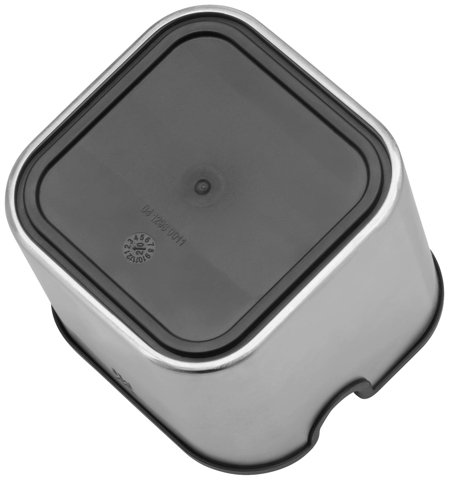 'Metallbehälter mit schwarzem Deckel, quadratische Form, leicht abgeschrägt, Hauptzweck: Aufbewahrung von Utensilien oder Lebensmitteln.'