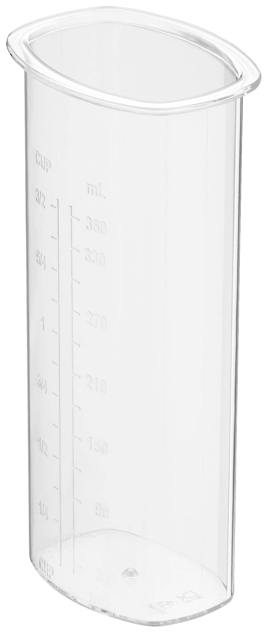 Durchsichtiger Messbecher mit Milliliter- und Cup-Skala an der Seite zur Messung von Flüssigkeiten.