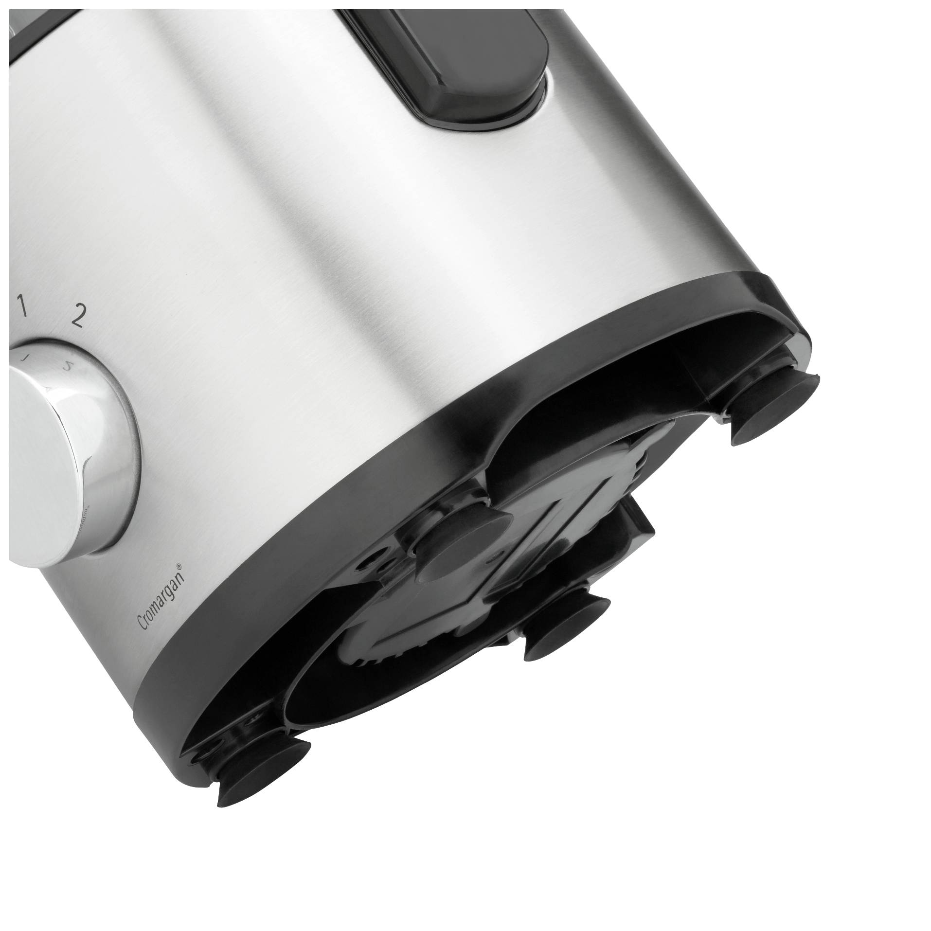 Nahaufnahme eines silbernen Küchengeräts mit einem schwarzen Zerkleinerer und einem Drehregler mit Skala von 1 bis 2 auf der Seite.