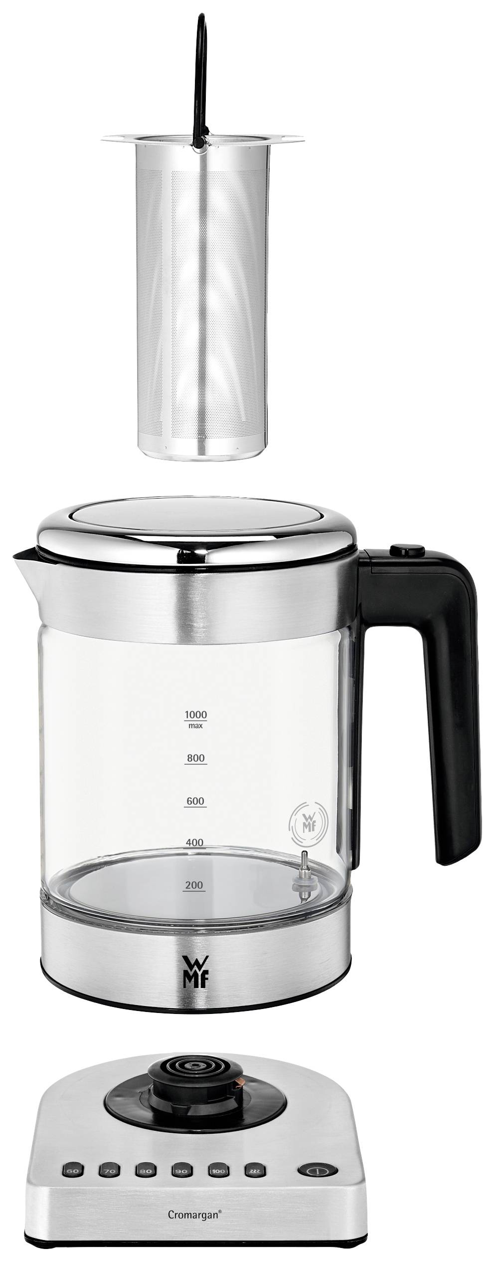 Elektrischer Glas-Wasserkocher mit herausnehmbarem Teesieb und digitaler Steuerungseinheit, geeignet für präzise Teezubereitung.