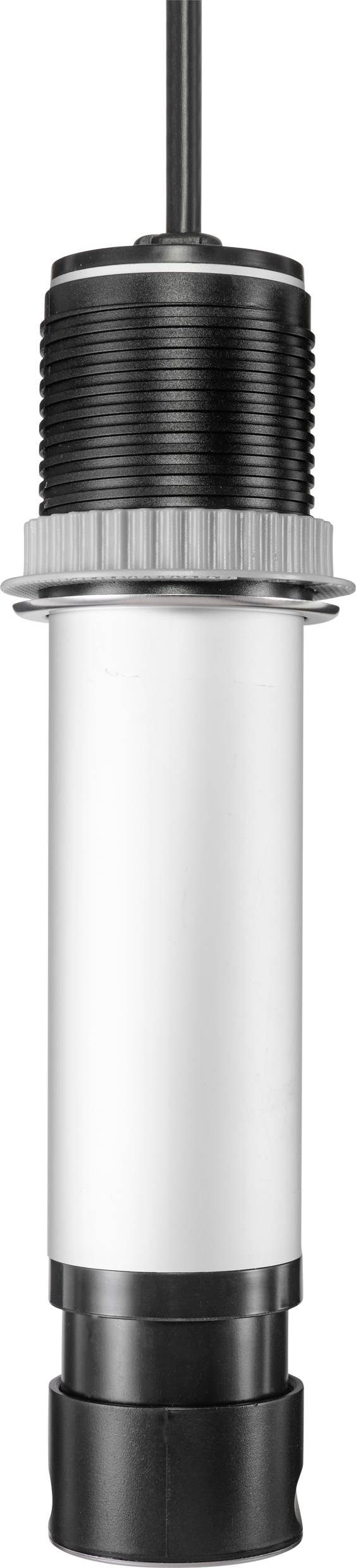 'Zylinderförmiger Sensor mit schwarzem und silbernem Gehäuse, oben schwarzes Kabel.'