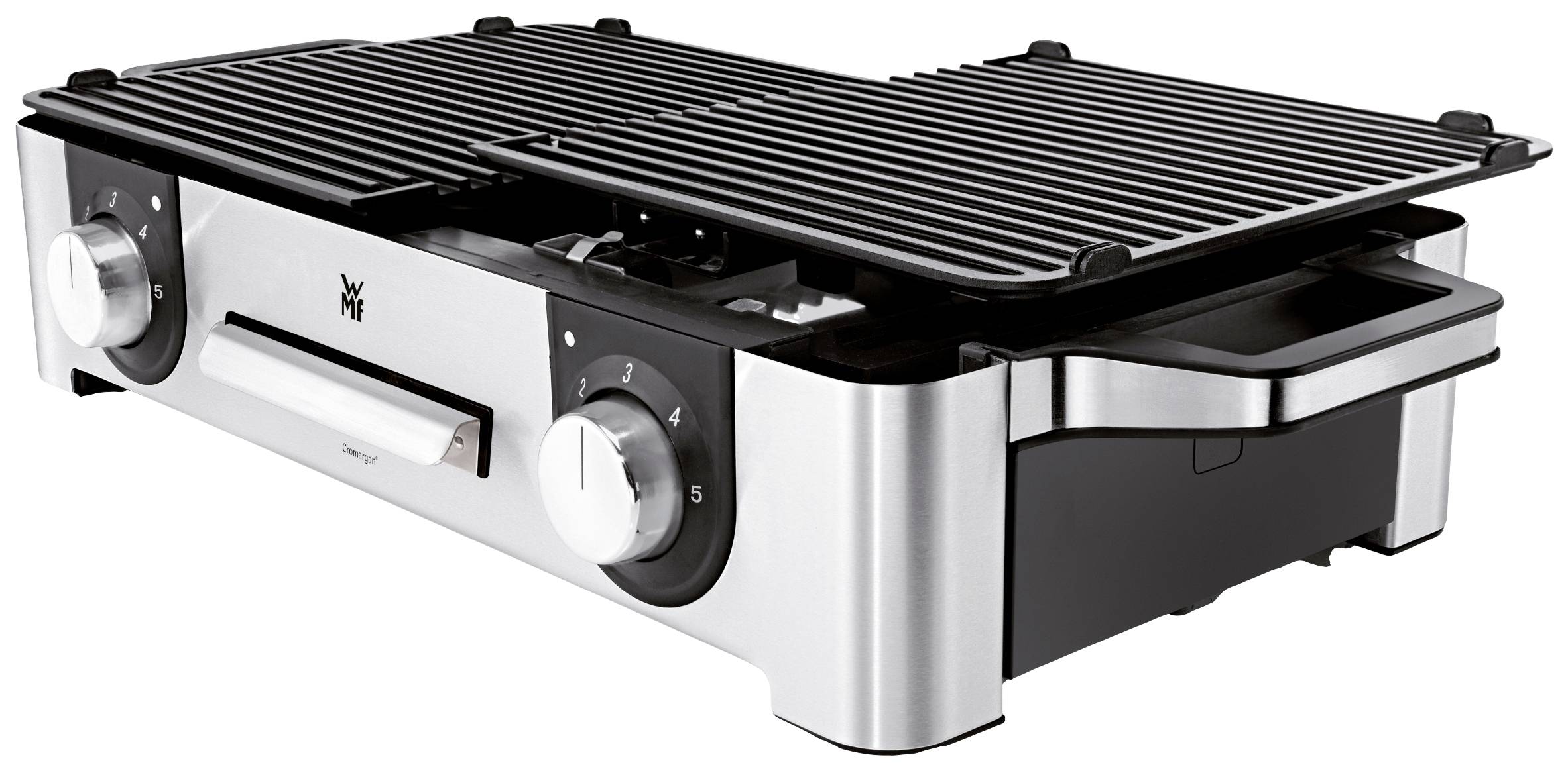Elektrischer Tischgrill in Edelstahloptik mit zwei Temperaturreglern und abnehmbaren Grillplatten. Ideal für Indoor-Grillen.