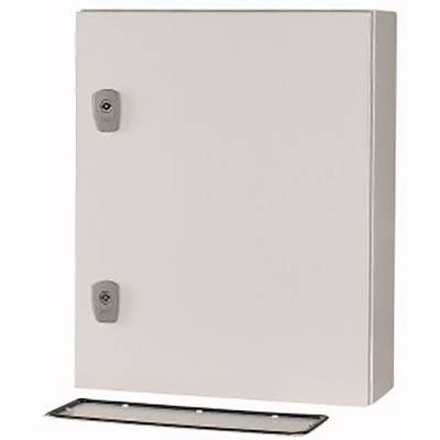Ein rechteckiger, weißer Metallschrank mit zwei Schlössern. Geeignet für die Aufbewahrung von elektrischen Bauteilen oder Dokumenten.
