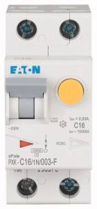 'Ein FI-Schutzschalter von Eaton, Modell PXK-C16/1N003-F, mit gelber Testtaste und blauer Beschriftung für elektrische Sicherheit.'