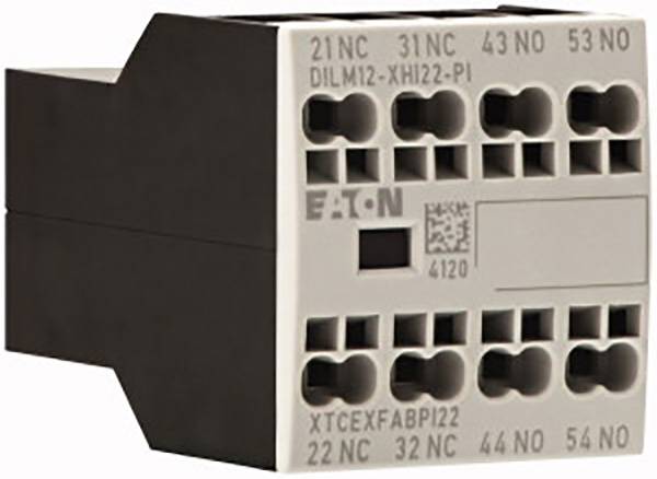 Ein elektrisches Koppelrelais aus Kunststoff mit mehreren Anschlussklemmen für Schaltkreise, beschriftet mit Marke 'EATON'.