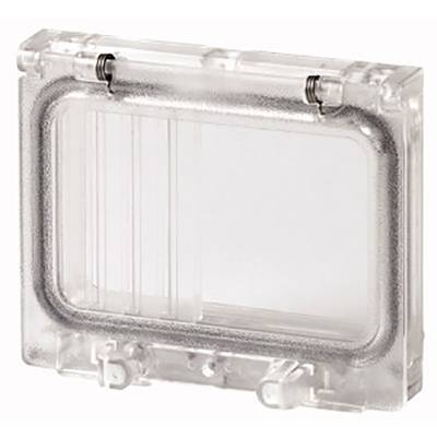 Transparente, rechteckige Kunststoffabdeckung mit Klappverschluss, dient vermutlich dem Schutz sensibler Elektronikkomponenten.