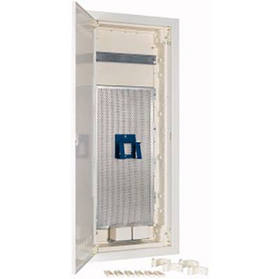 Geöffneter elektrischer Schaltschrank mit sichtbaren Montagegitter und blauen Halterungen, umgeben von einem weißen Rahmen.