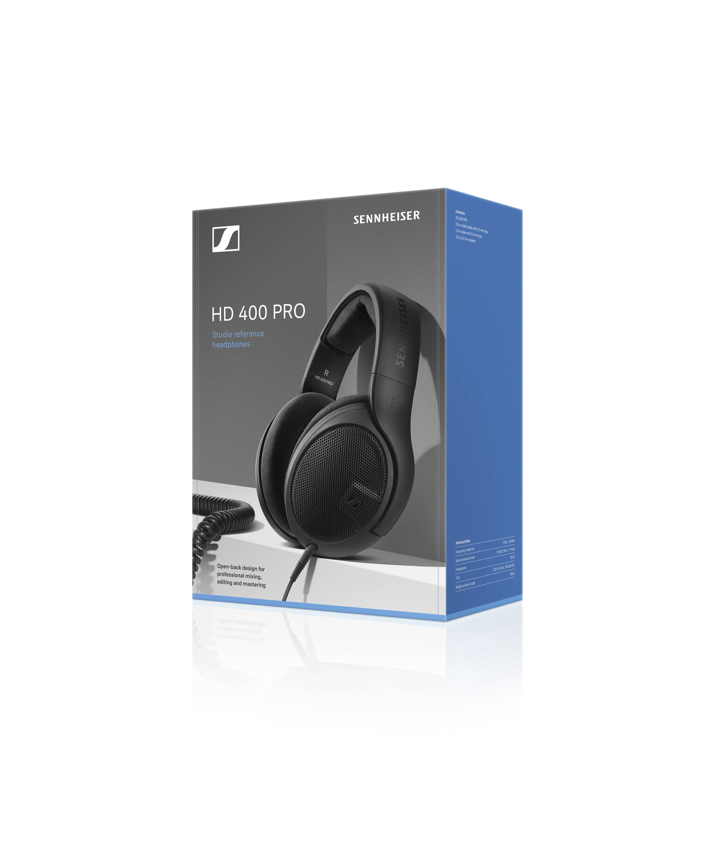 Verpackung der Sennheiser HD 400 PRO Kopfhörer, abgebildet in Blau. Zeigt das Produkt und das Markenlogo auf der Vorderseite.