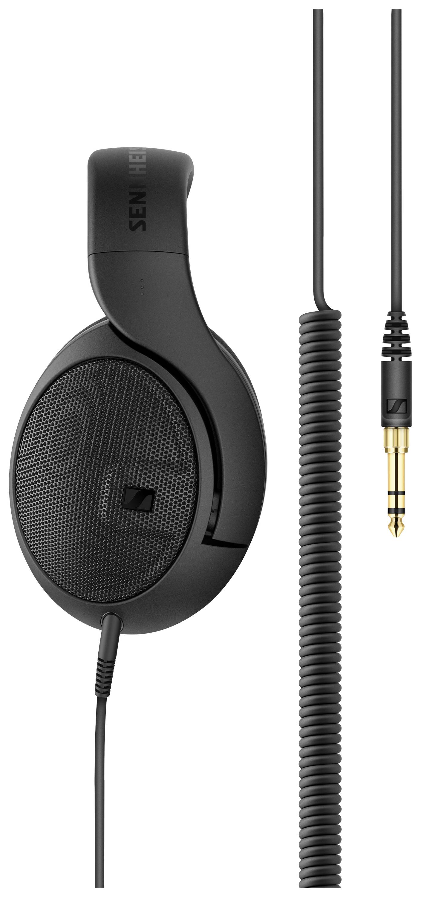 Schwarzer Over-Ear-Kopfhörer mit Spiralkabel und 6,3 mm Klinkenstecker, auf einem weißen Hintergrund abgebildet.