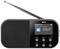 Schwarzes tragbares DAB+ Radio mit Antenne, zeigt Sender 'STAR*SAT Radio' und Song 'Journey - Don't Stop Believin'' auf Display.