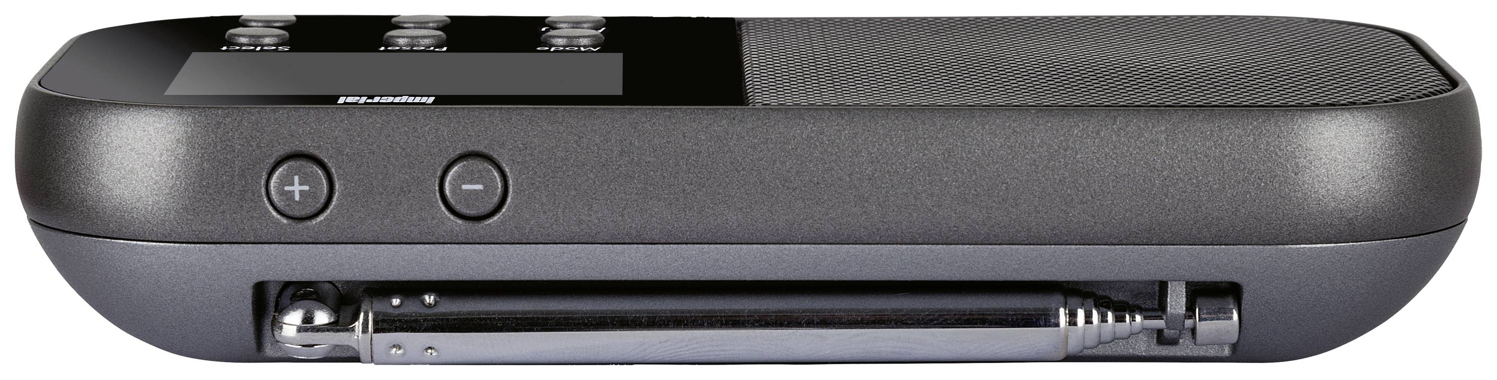 Tragbares DAB-Radio mit Display und Bedientasten, Plus- und Minus-Knöpfen zur Lautstärkeregelung, auf Tisch liegend.