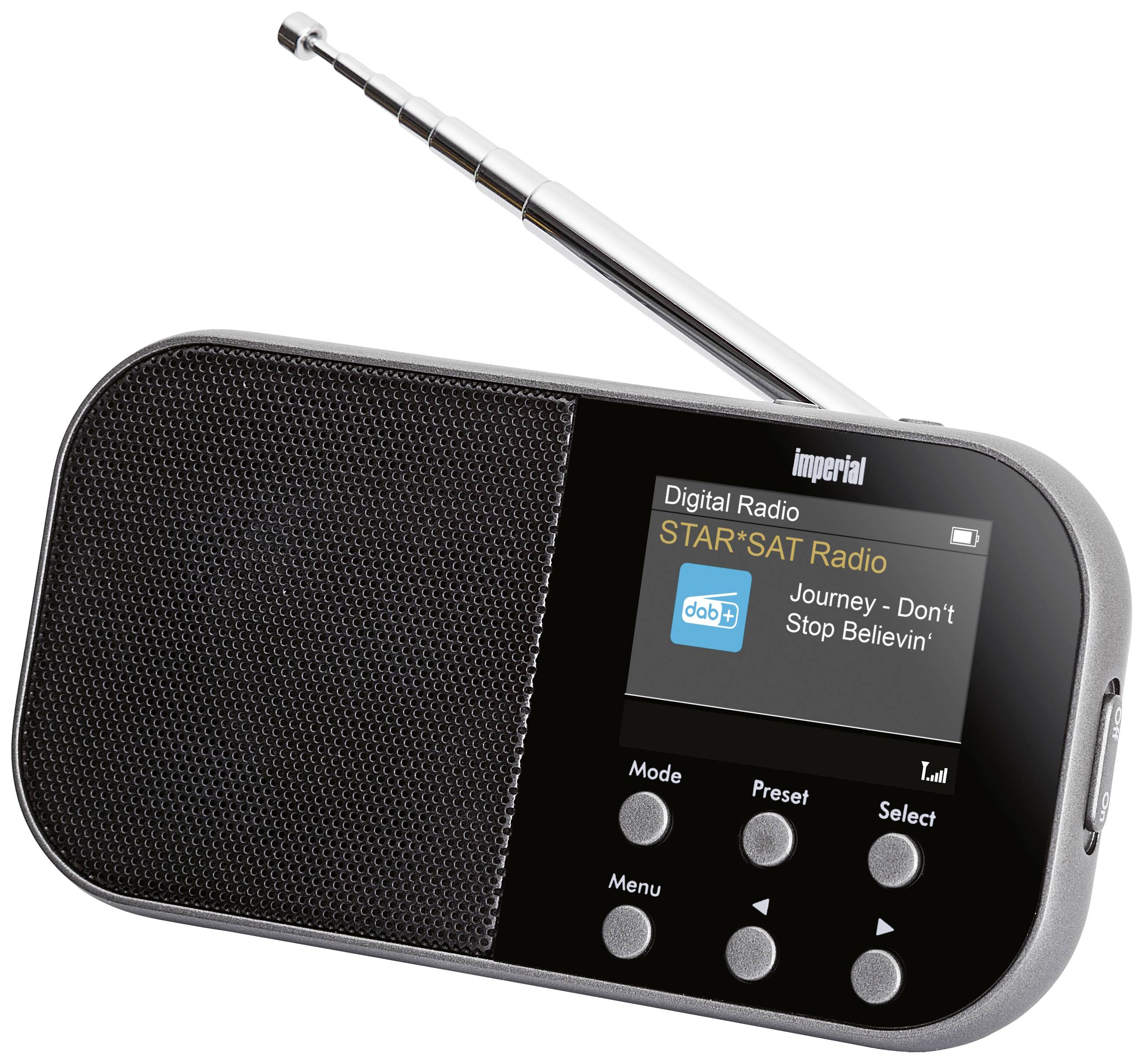 Ein tragbares DAB-Radio mit Antenne und digitalem Display, auf dem 'Journey - Don't Stop Believin'' abgespielt wird.