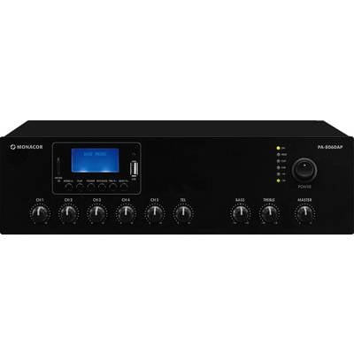 'Monacor PA-806DAP' Verstärker-Frontansicht mit blauer Digitalanzeige, mehreren Reglern für Lautstärke und Klang sowie USB-Anschluss.