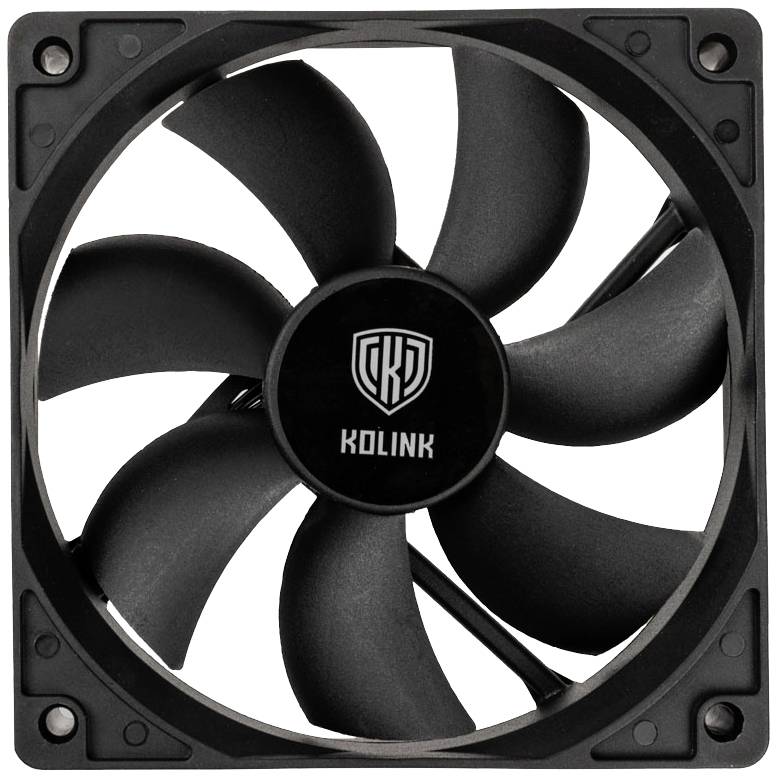 Schwarzer Computerlüfter mit fünf Rotorblättern und 'Kolink'-Logo in der Mitte, geeignet zur Kühlung von PC-Gehäusen.