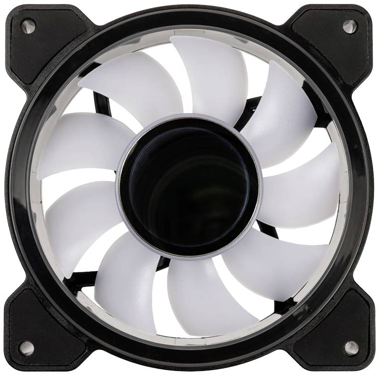 Ein weißer Computerlüfter mit neun Rotorblättern in einer schwarzen runden Halterung.