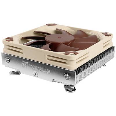 Kompakter CPU-Kühler mit niedrigem Profil, braunem Lüfter und silbernen Kühlrippen, geeignet für platzsparende Computergehäuse.