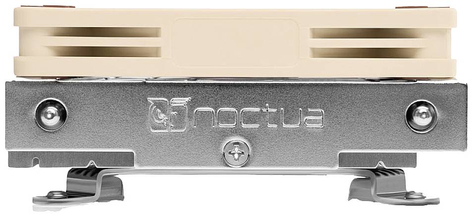 'Noctua CPU-Kühler von vorne, zeigt Lüfter und Halterungen in Silber und Beige.'