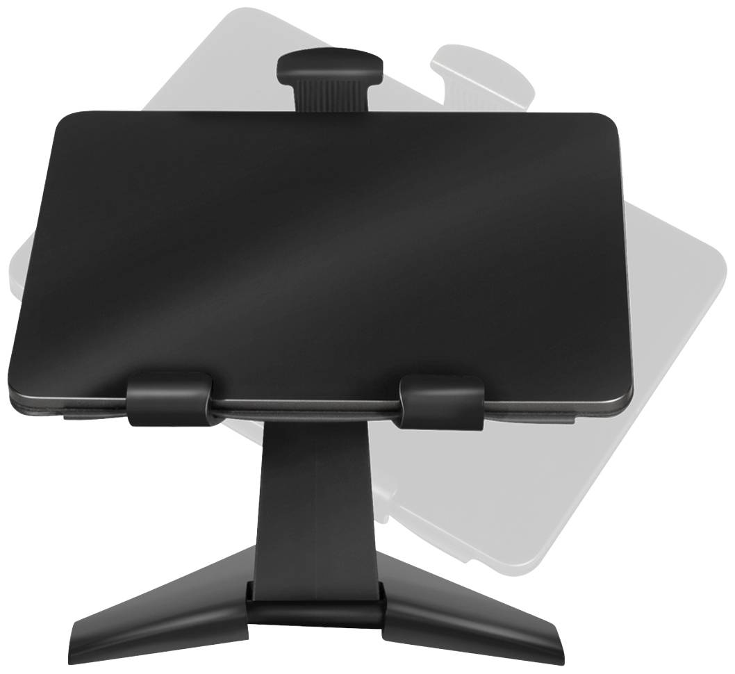 Ein schwarzer, verstellbarer Tablet-Ständer auf weißem Hintergrund, der ein Tablet in horizontaler Position halten kann.