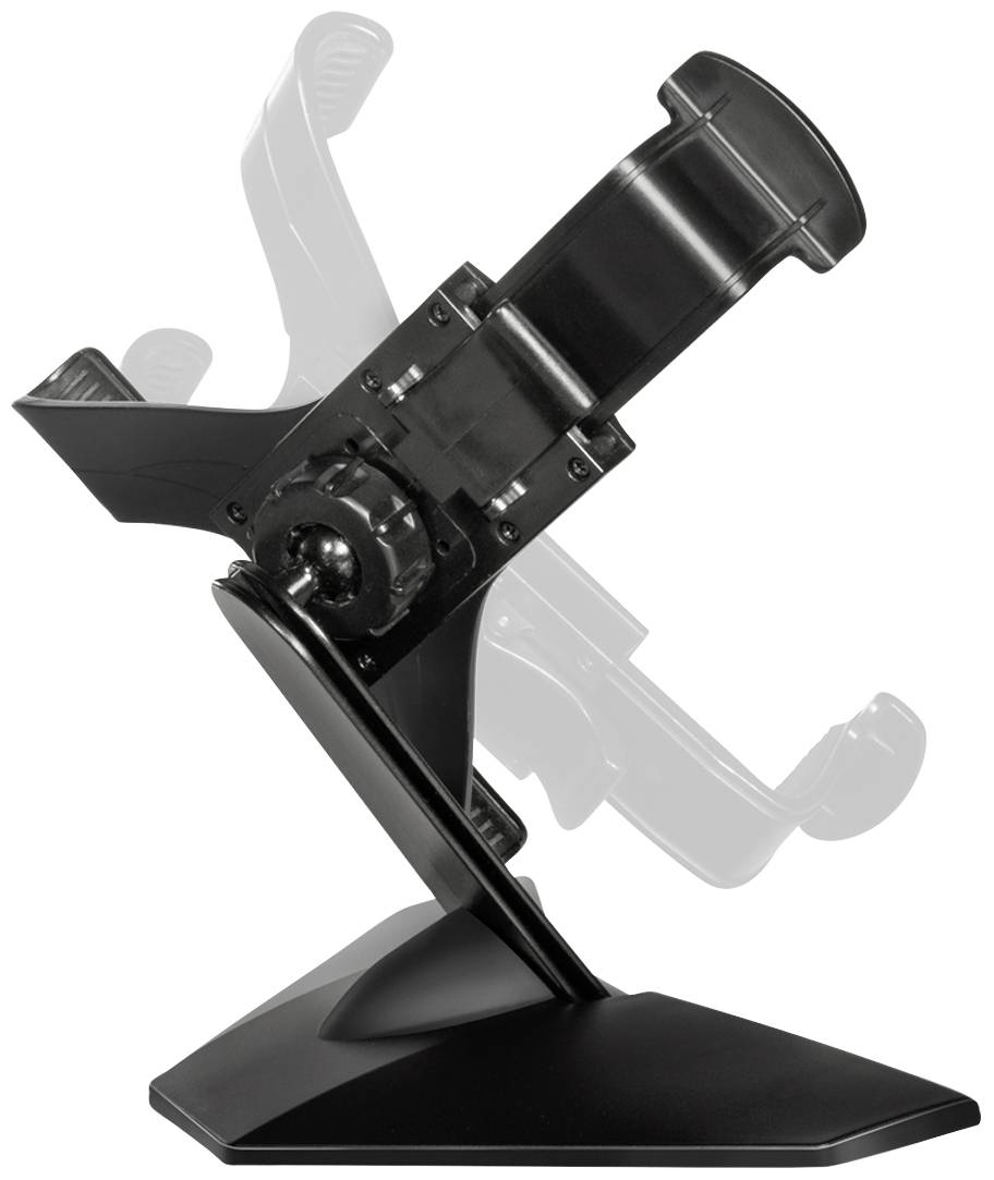 Schwarzer Tablet-Ständer aus Kunststoff mit einstellbarem Halter, geeignet für verschiedene Tablet-Größen, auf einem Tisch.