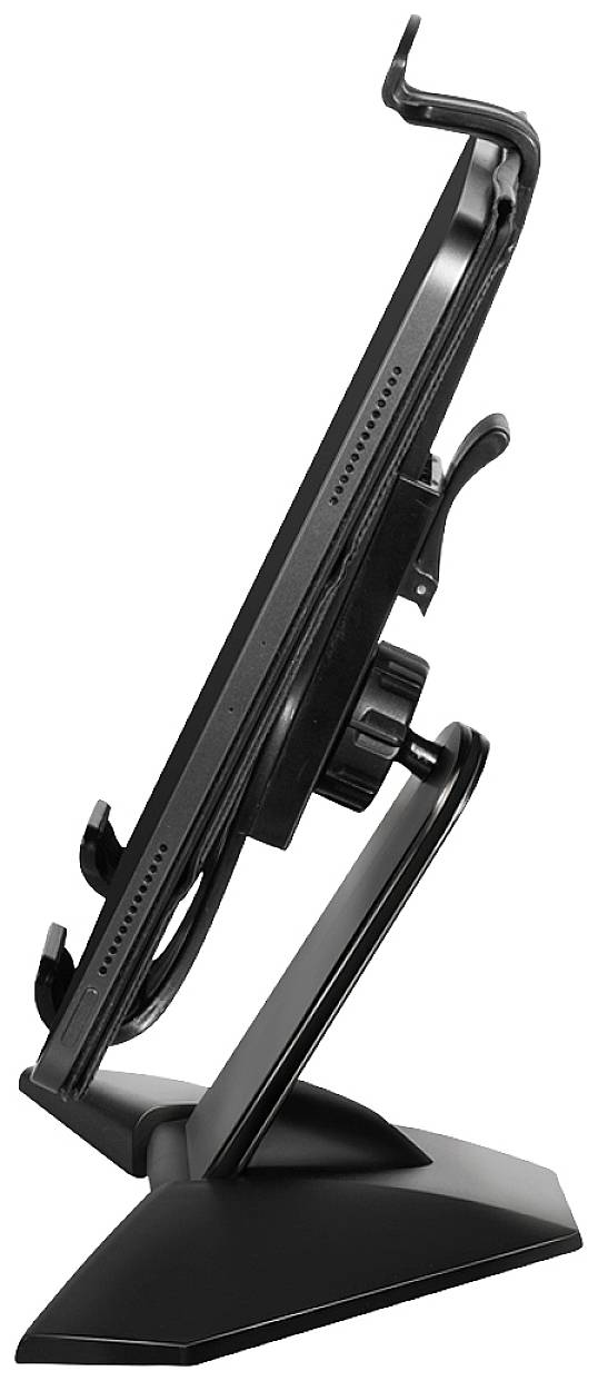 Ein schwarzer Bildschirmständer, seitlich gesehen, mit verstellbarem Arm. Ideal zur flexiblen Positionierung von Monitoren.